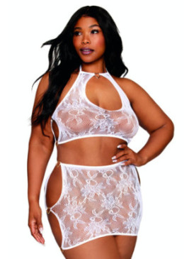 Ensemble 2 pièces grande taille top et jupe en résille fantaisie blanche - DG13309WHT